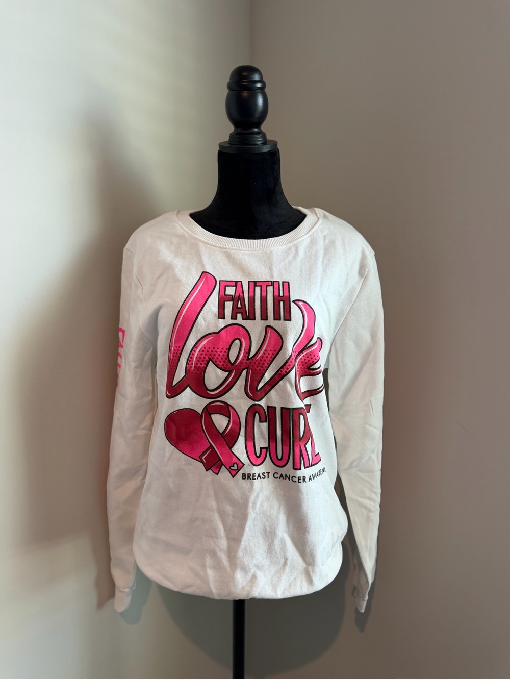White Long-Sleeve 'Faith Love Cure' Breast Cancer Awareness Tee